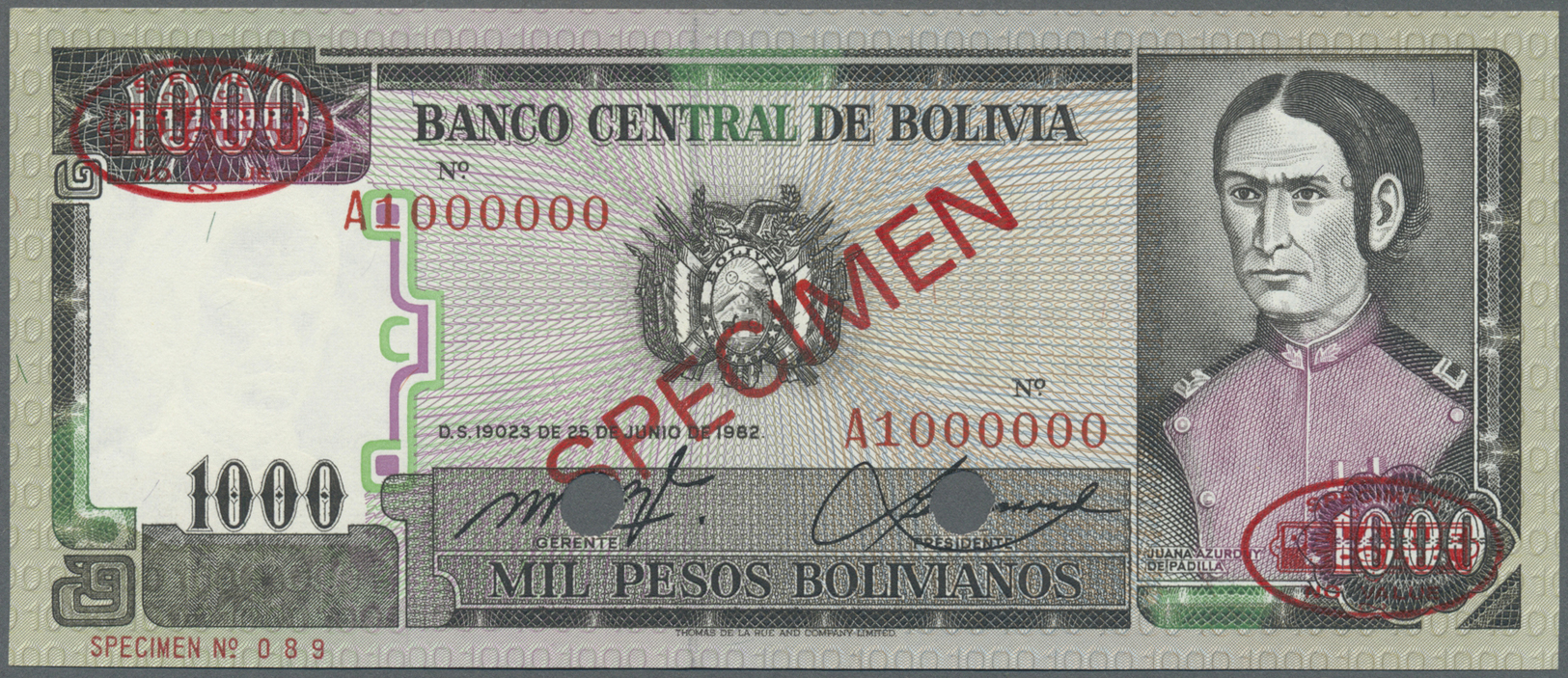 00323 Bolivia / Bolivien: 1000 Bolivianos 1962 Specimen P. 167s In Condition: UNC. - Bolivia