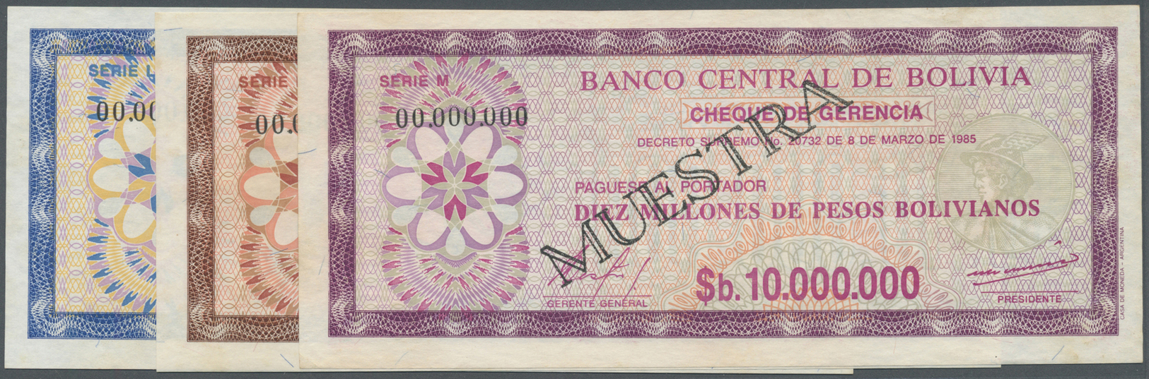 00324 Bolivia / Bolivien: Set Of 4 Specimen Notes Containing 1 Million, 5 Millon And 10 Million Pesos 1985 Cheques De Ge - Bolivia