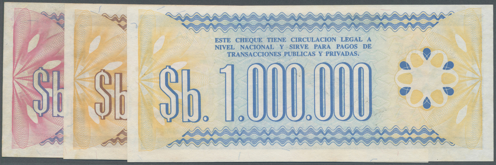 00324 Bolivia / Bolivien: Set Of 4 Specimen Notes Containing 1 Million, 5 Millon And 10 Million Pesos 1985 Cheques De Ge - Bolivia