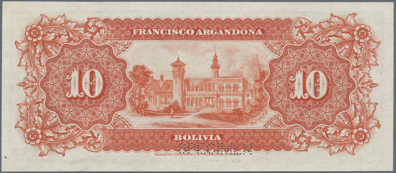 00325 Bolivia / Bolivien: Banco Francisco Argandoña 10 Bolivianos 1893 SPECIMEN, P.S143s With Serial Number B70000 At Le - Bolivia