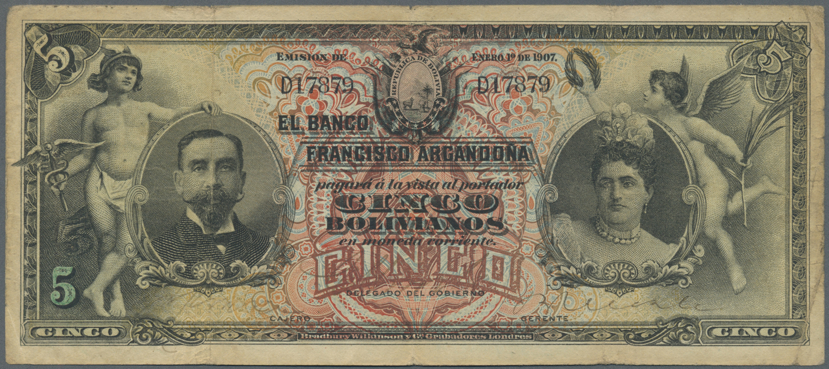 00326 Bolivia / Bolivien:  Banco Francisco Argandoña 5 Bolivianos 1907, P.S150, Lightly Stained Paper With Several Folds - Bolivia