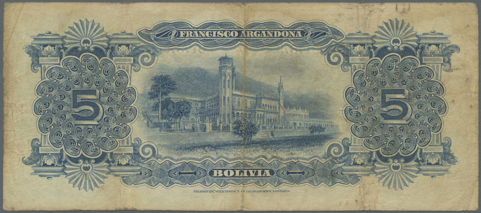 00326 Bolivia / Bolivien:  Banco Francisco Argandoña 5 Bolivianos 1907, P.S150, Lightly Stained Paper With Several Folds - Bolivia