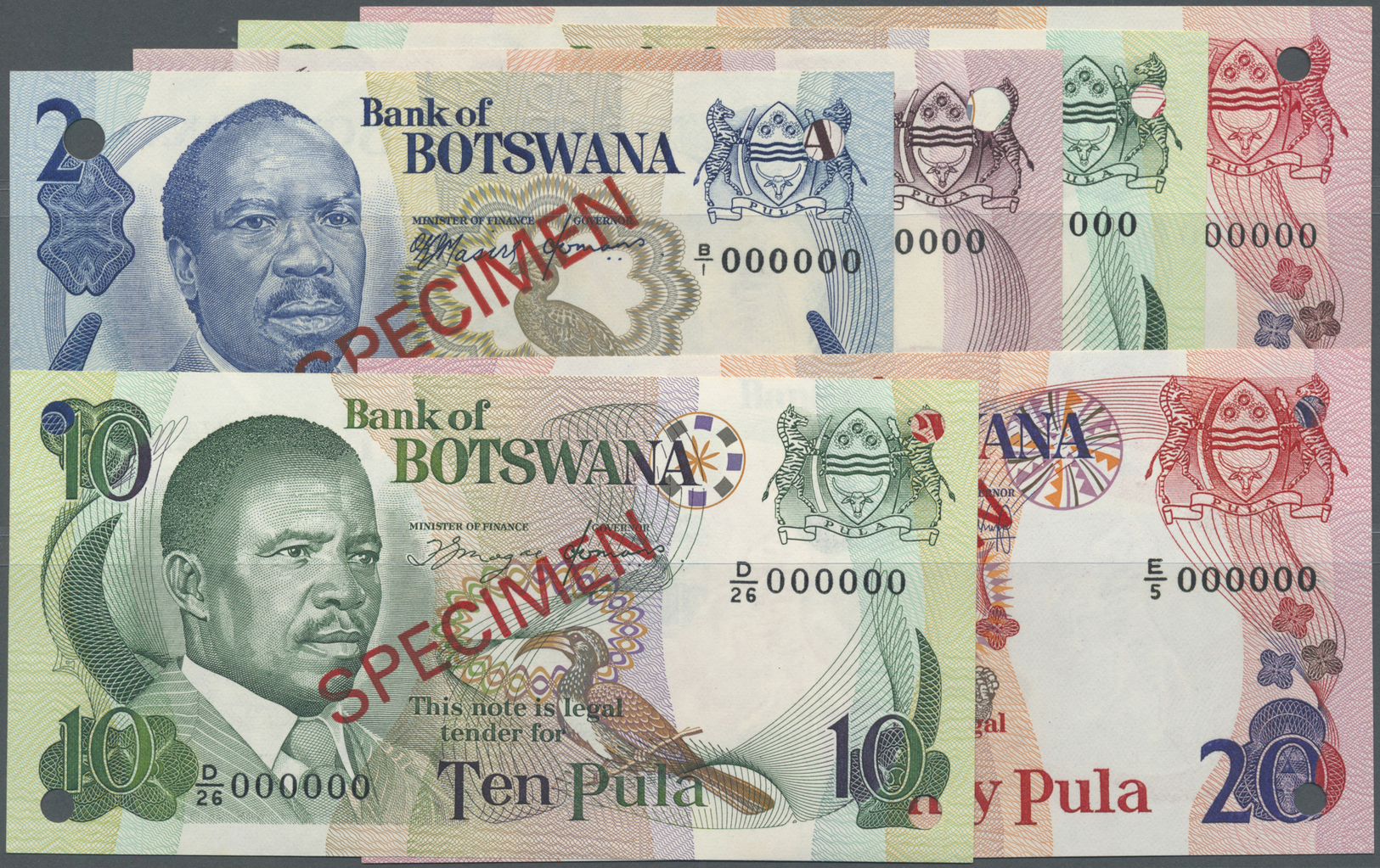 00328 Botswana: Set Of 6 Specimen Notes Containing 2-20 Pula ND(1976-79) P. 2s-5s And 10 & 20 Pula ND(1982-83) P. 2s-5s, - Botswana