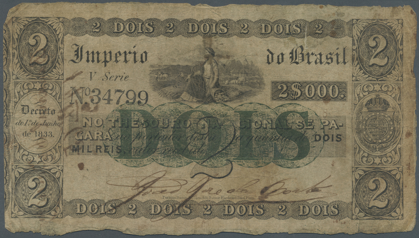 00333 Brazil / Brasilien: 2 Mil Reis ND(1843-60) P. A220, Used With Many Folds And Creases, Stained Paper, Borders Worn - Brazil