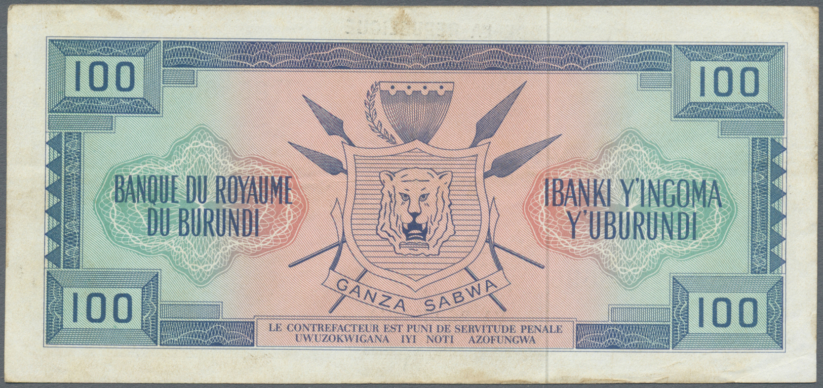 00447 Burundi: 100 Francs 1965 With Black Overprint P. 17a, Used With Center Fold, Light Stain In Paper, No Holes, Still - Burundi