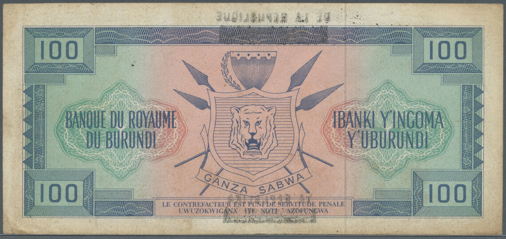 00448 Burundi: 100 Francs 1966 P. 17, With Black Overprint, One Light Center Fold, Handling And Light Stain In Paper, Es - Burundi