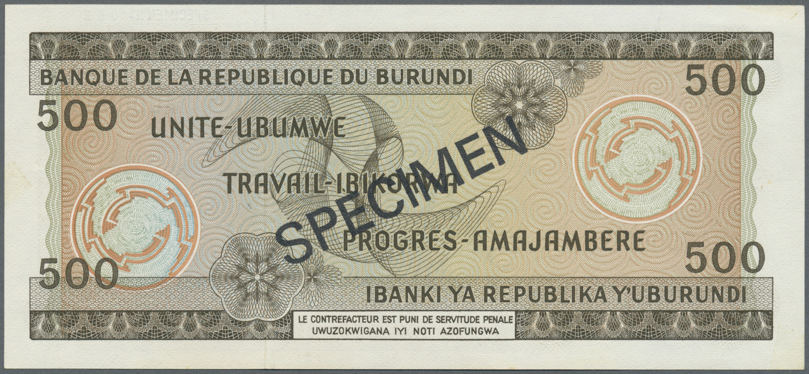 00450 Burundi: 500 Francs 1968 Specimen P. 24As In Condition: UNC. - Burundi