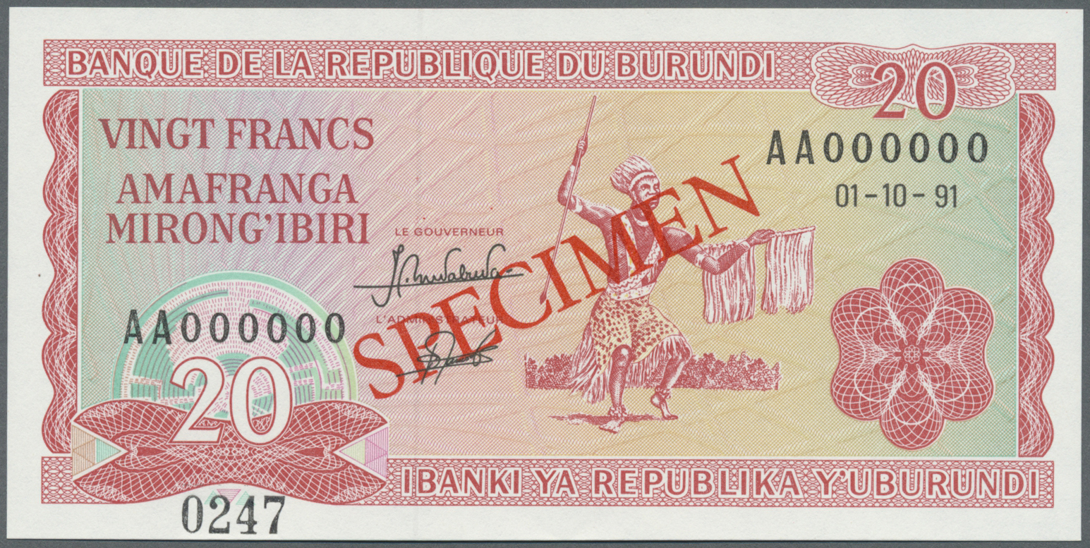 00452 Burundi: 20 Francs 1991 Specimen P. 27bs In Condition: UNC. - Burundi