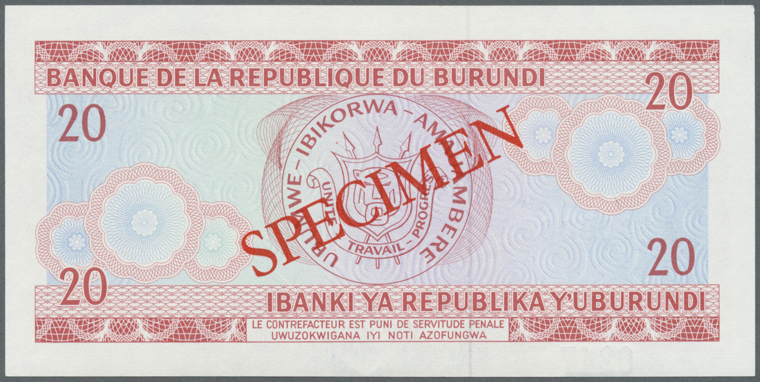 00452 Burundi: 20 Francs 1991 Specimen P. 27bs In Condition: UNC. - Burundi