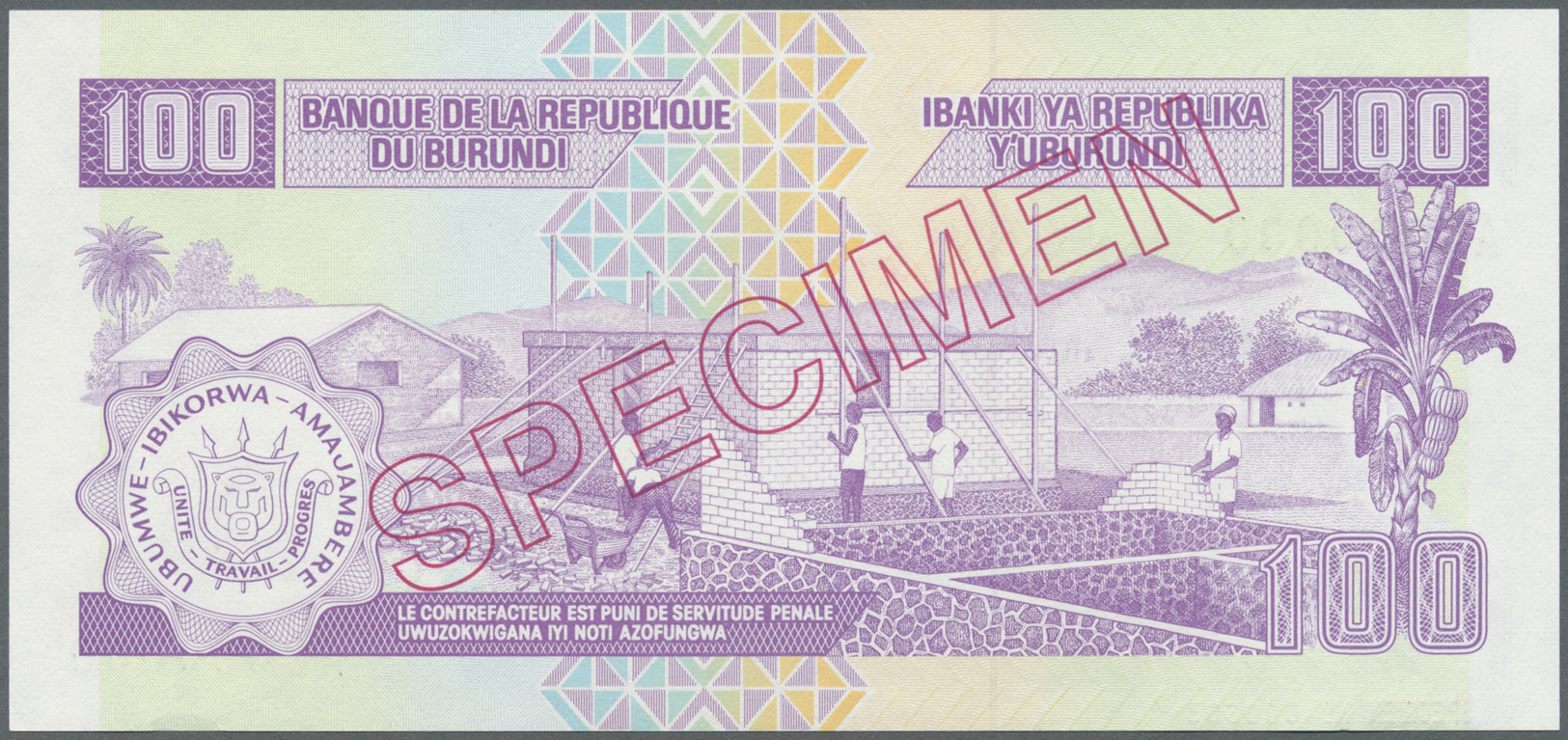 00454 Burundi: 100 Francs 1993 Specimen P. 37cs In Condition: UNC. - Burundi