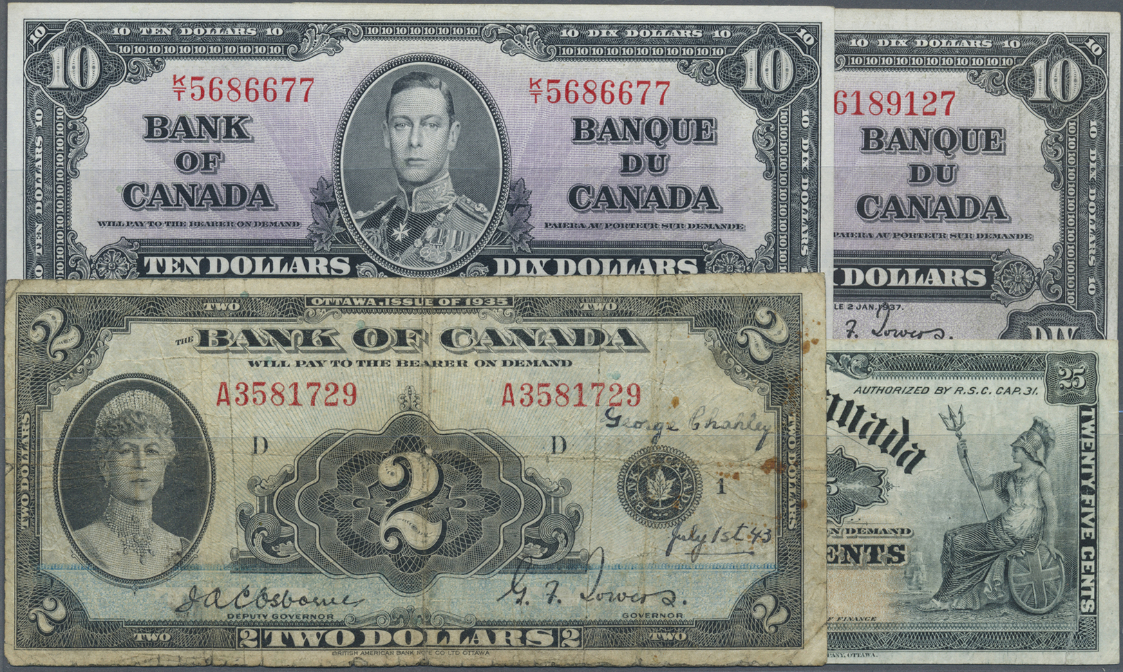 00467 Canada: Set Of 4 Notes Containing Dominion Of Canada 25 Cents P. 9 (F), 2 Dollars ND P. 40 (VG) And 2x 10 Dollars - Canada