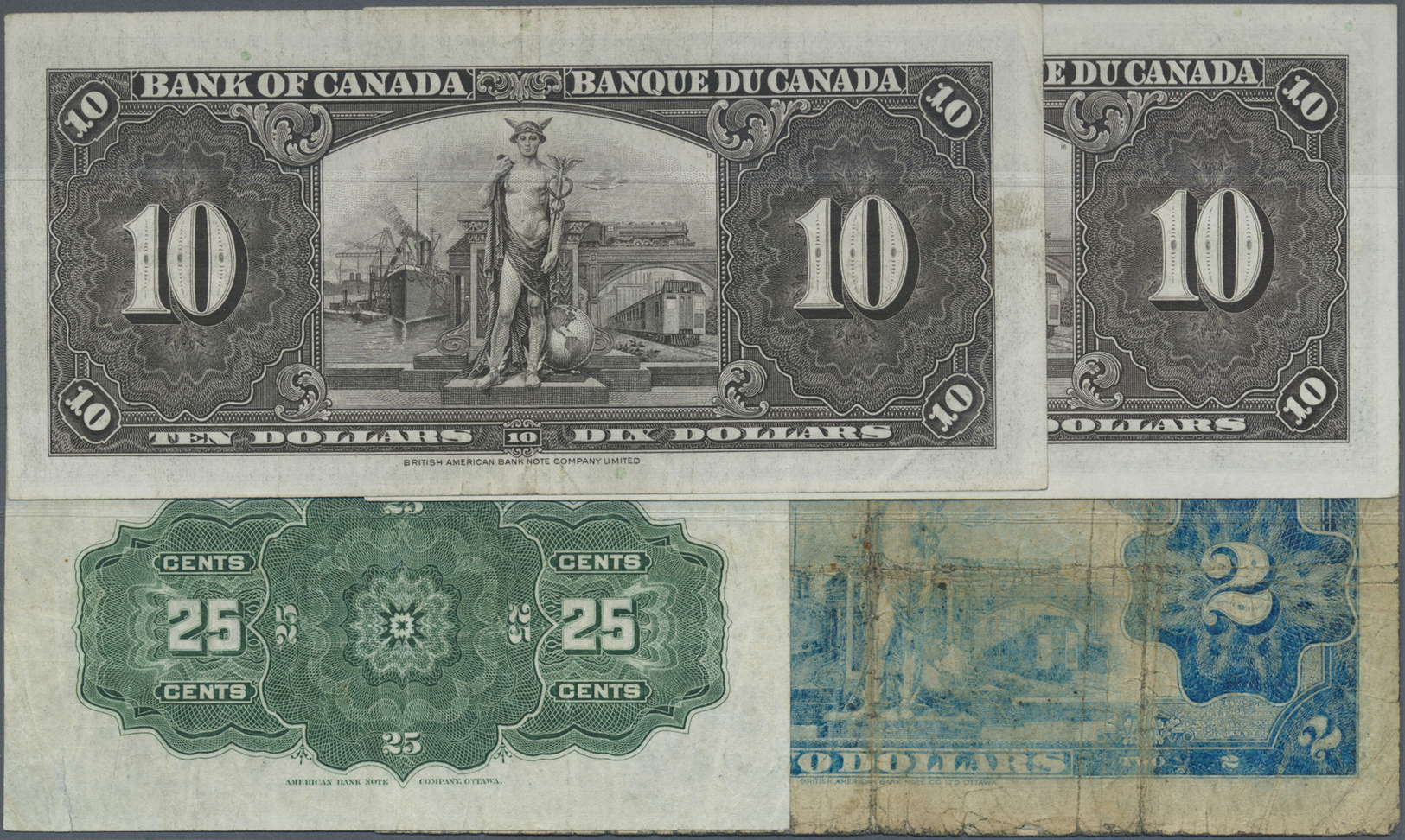 00467 Canada: Set Of 4 Notes Containing Dominion Of Canada 25 Cents P. 9 (F), 2 Dollars ND P. 40 (VG) And 2x 10 Dollars - Canada