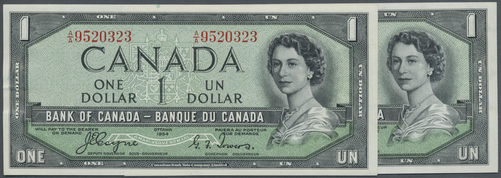 00472 Canada: Set Of 2 Consecutive Banknotes 1 Dollar 1954 "Devil Face", Paper Clip Dint At Left, Otherwise Perfect, Con - Canada