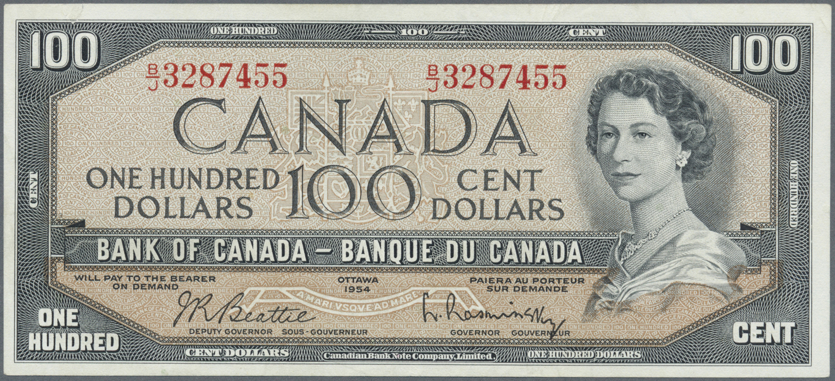 00473 Canada: 100 Dollars 1954 P. 82b In Condition: XF. - Canada