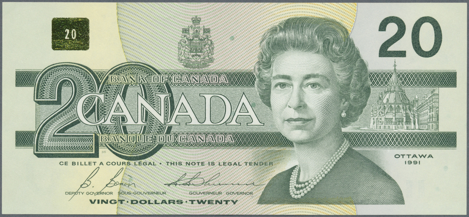 00480 Canada: 20 Dollars 1991 P. 97b With Error Print On Back Side, Partial Print Of The Front Mirrored Print Visible, C - Canada