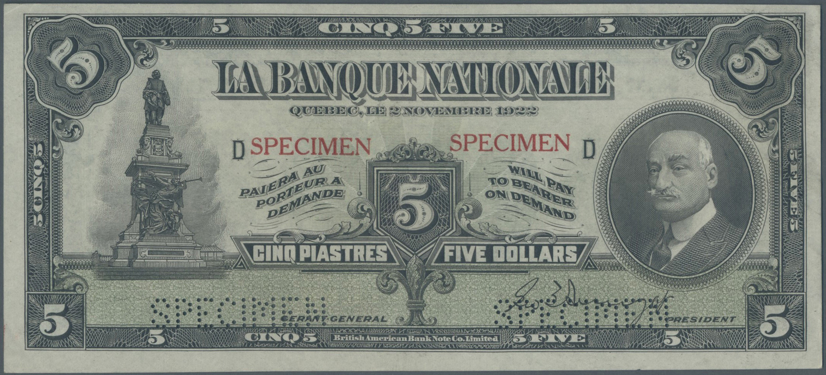 00483 Canada: La Banque Nationale 5 Dollars 1922 SPECIMEN, P.S871s With Ovpt. And Perforation Specimen And Excellent Con - Canada