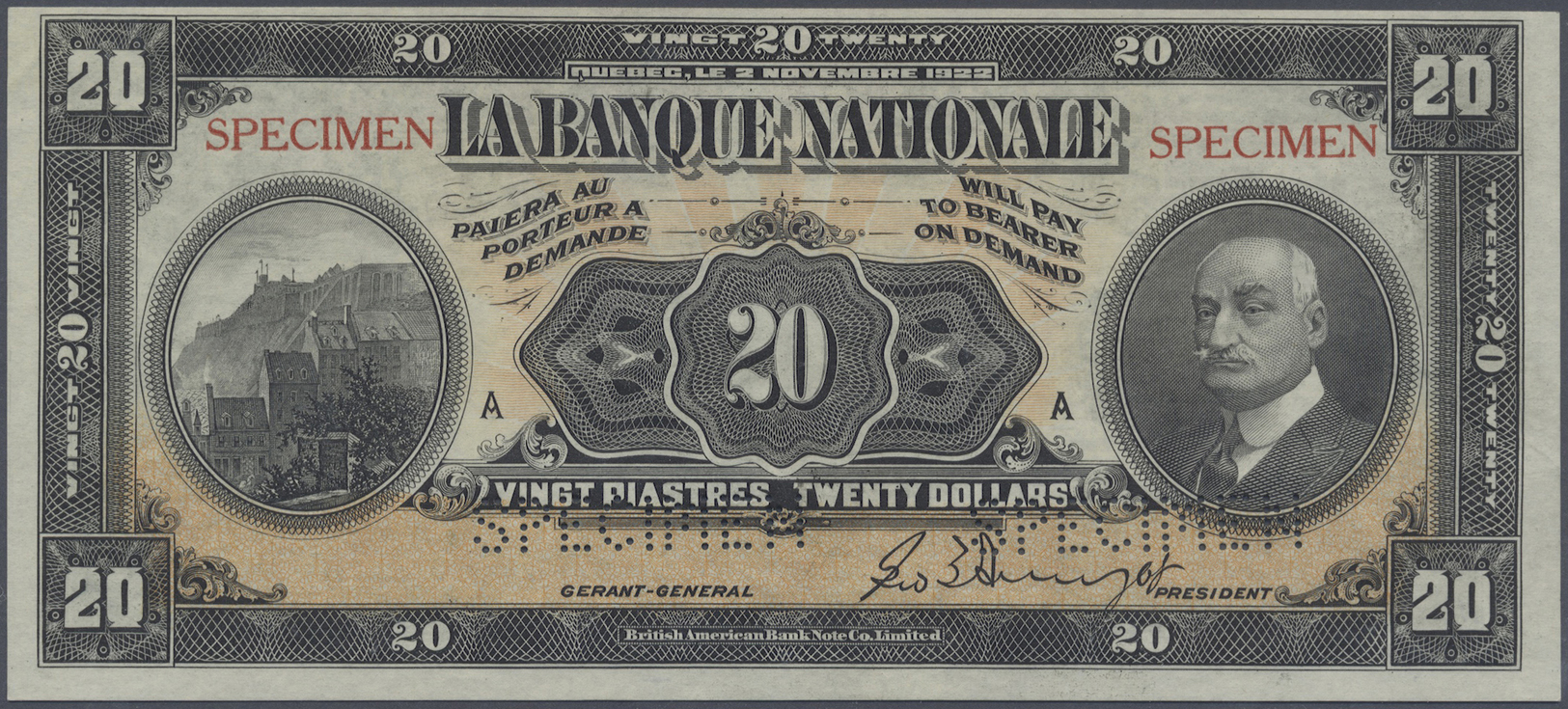 00484 Canada: 20 Dollars / 20 Piastres 1922 Specimen P. S873s Issued By "La Banque Nationale" With Two "Specimen" Perfor - Canada