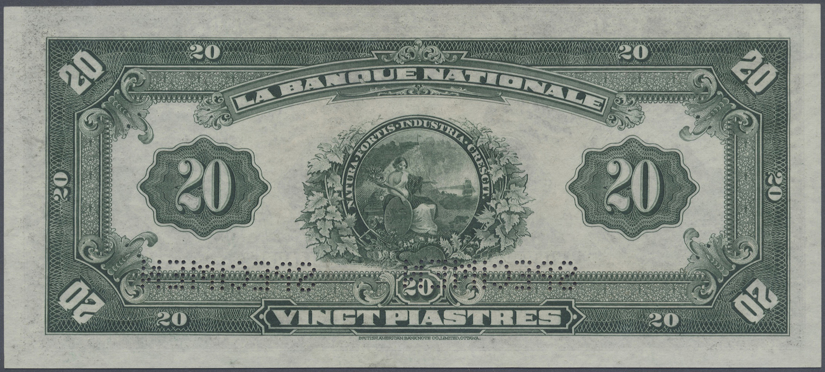 00484 Canada: 20 Dollars / 20 Piastres 1922 Specimen P. S873s Issued By "La Banque Nationale" With Two "Specimen" Perfor - Canada