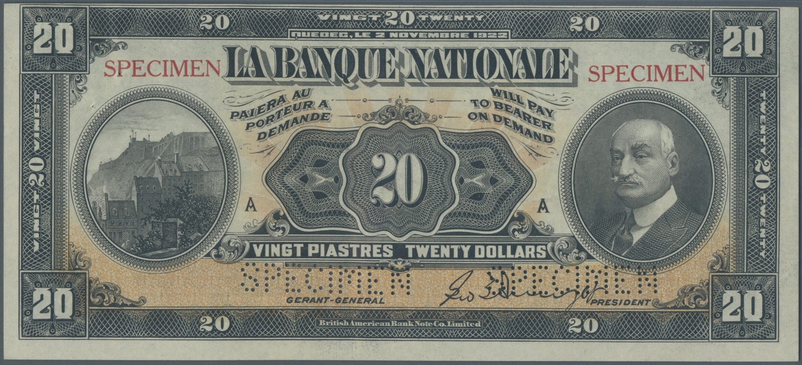 00485 Canada: La Banque Nationale 20 Dollars 1922 SPECIMEN, P.S873s In Very Nice Condition, Just A Bit Decentered Front - Canada