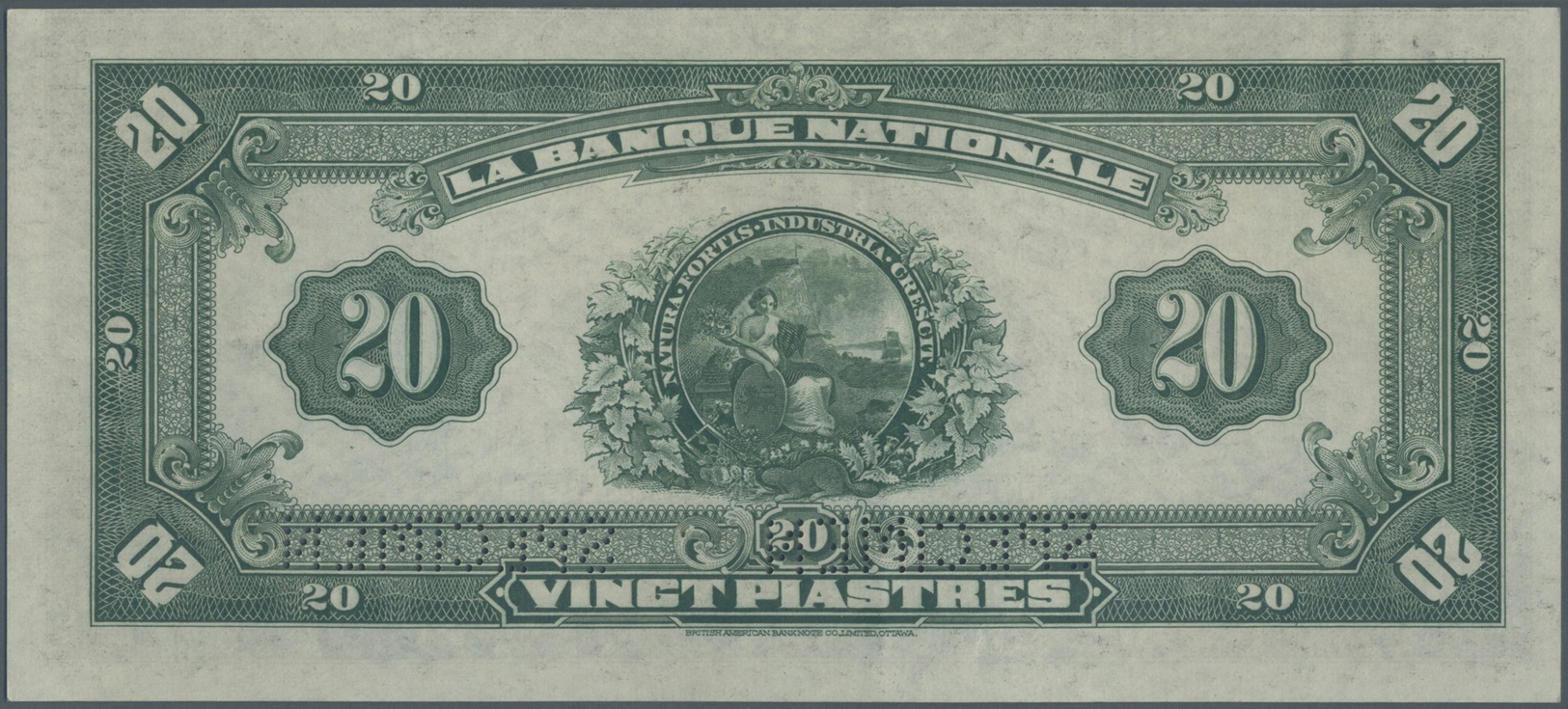 00485 Canada: La Banque Nationale 20 Dollars 1922 SPECIMEN, P.S873s In Very Nice Condition, Just A Bit Decentered Front - Canada