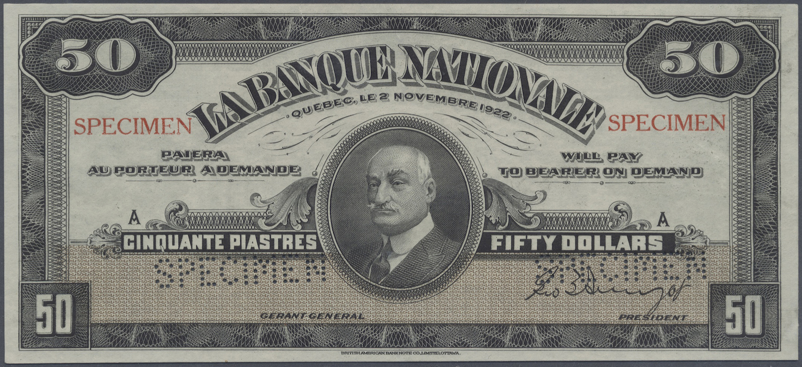 00486 Canada: 50 Dollars / 50 Piastres 1922 Specimen P. S874s Issued By "La Banque Nationale" With Two "Specimen" Perfor - Canada