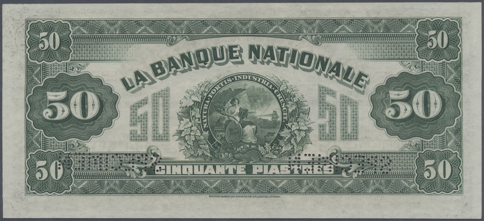 00486 Canada: 50 Dollars / 50 Piastres 1922 Specimen P. S874s Issued By "La Banque Nationale" With Two "Specimen" Perfor - Canada