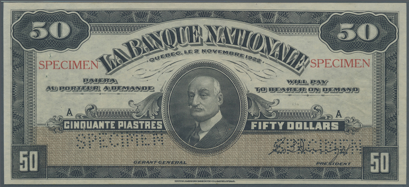 00487 Canada: La Banque Nationale 50 Dollars 1922 SPECIMEN, P.S874s In Excellent Condition, Just Slightly Decentered Fro - Canada