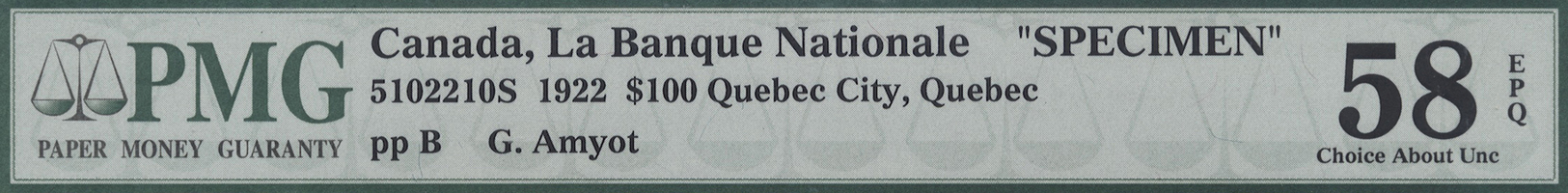 00488 Canada: 100 Dollars / 100 Piastres 1922 Specimen P. S875s Issued By "La Banque Nationale" With Two "Specimen" Perf - Canada