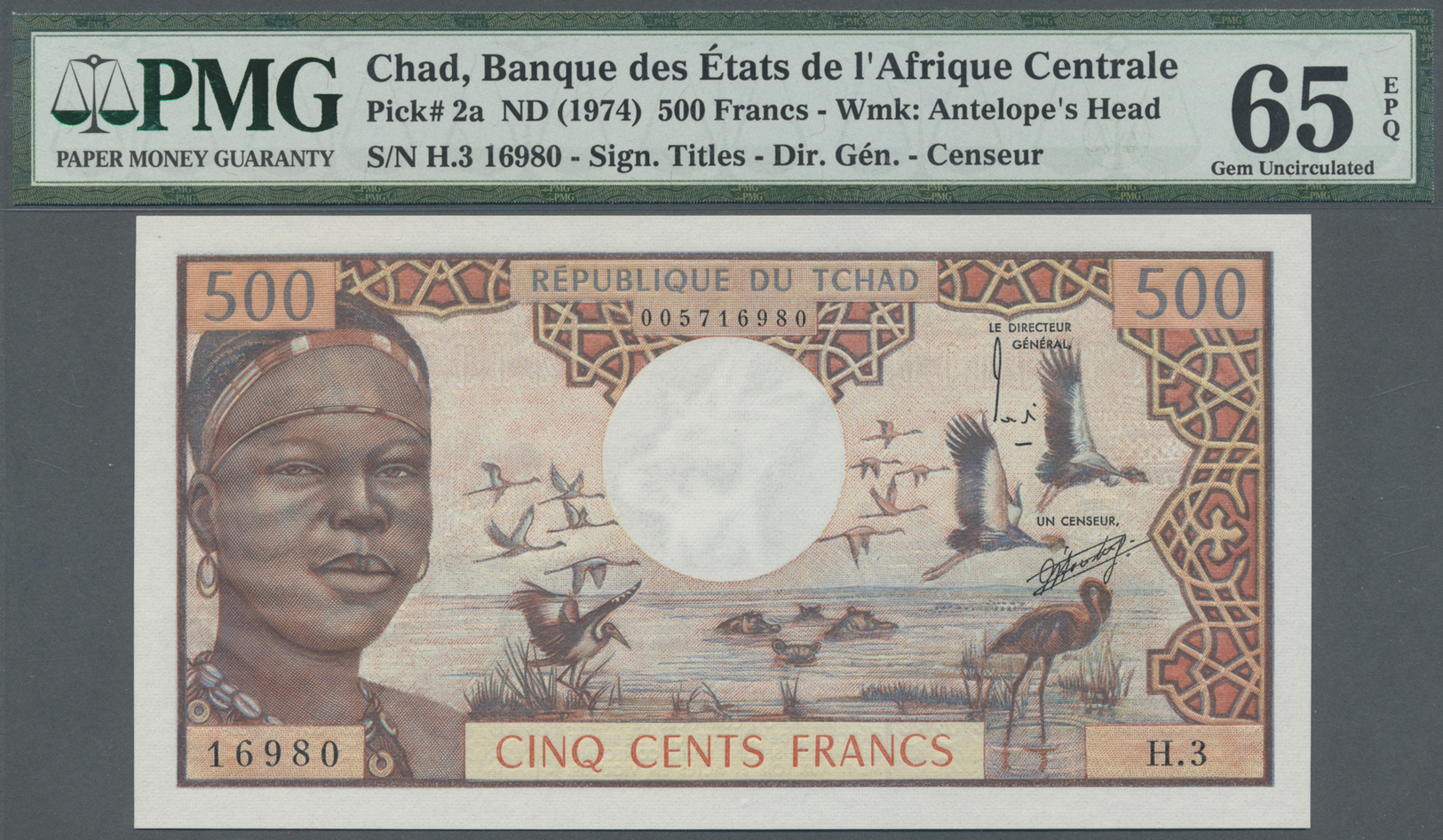 00542 Chad / Tschad: 500 Francs ND(1974) P. 2a, Condition: PMG Graded 65 GEM UNC EPQ. - Chad