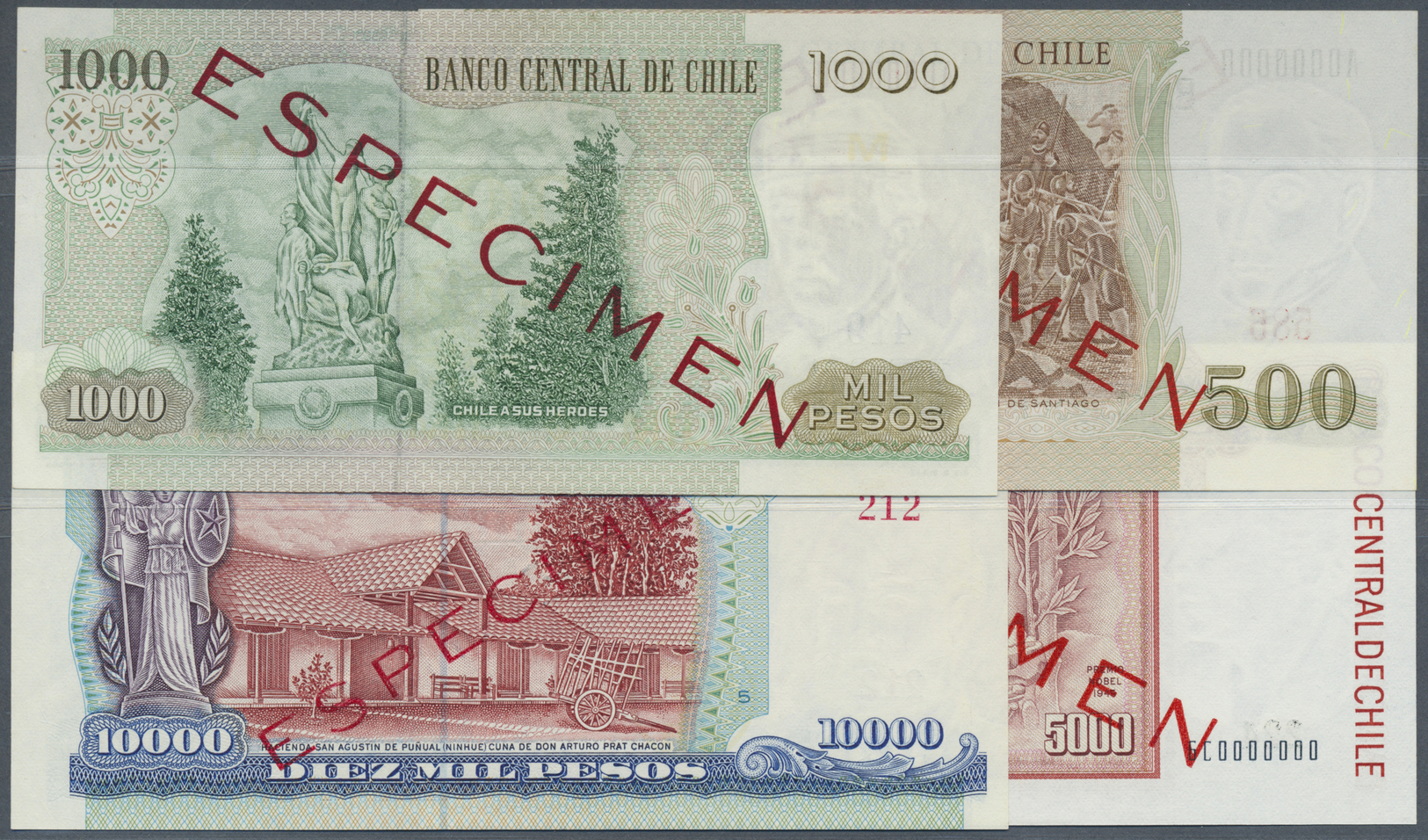 00544 Chile: Set Of 4 Specimen Banknotes Containing 500 Pesos 1977 P. 153s, 100 Pesos 1978 P. 154s, 5000 Pesos 1993 P. 1 - Chile