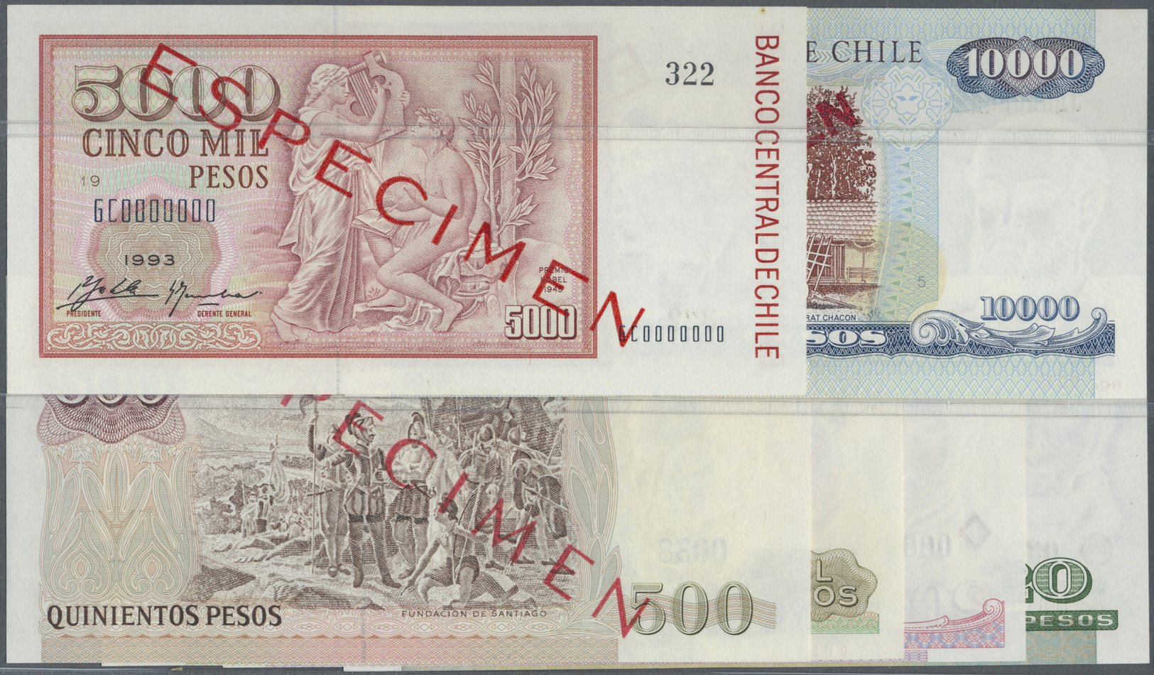 00545 Chile: Set Of 6 Specimen Notes Containing 500 Pesos 1999, 1000 Pesos 1999, 5000 Pesos 1993, 10.000 Pesos 1998, 200 - Cile