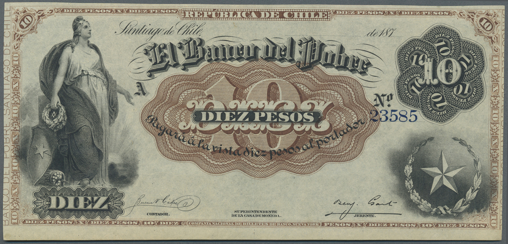 00546 Chile: El Banco Del Pobre 10 Pesos 187x P. S363r, Remainder, Very Light Center Bend, Otherwise Perfect, Condition: - Chile