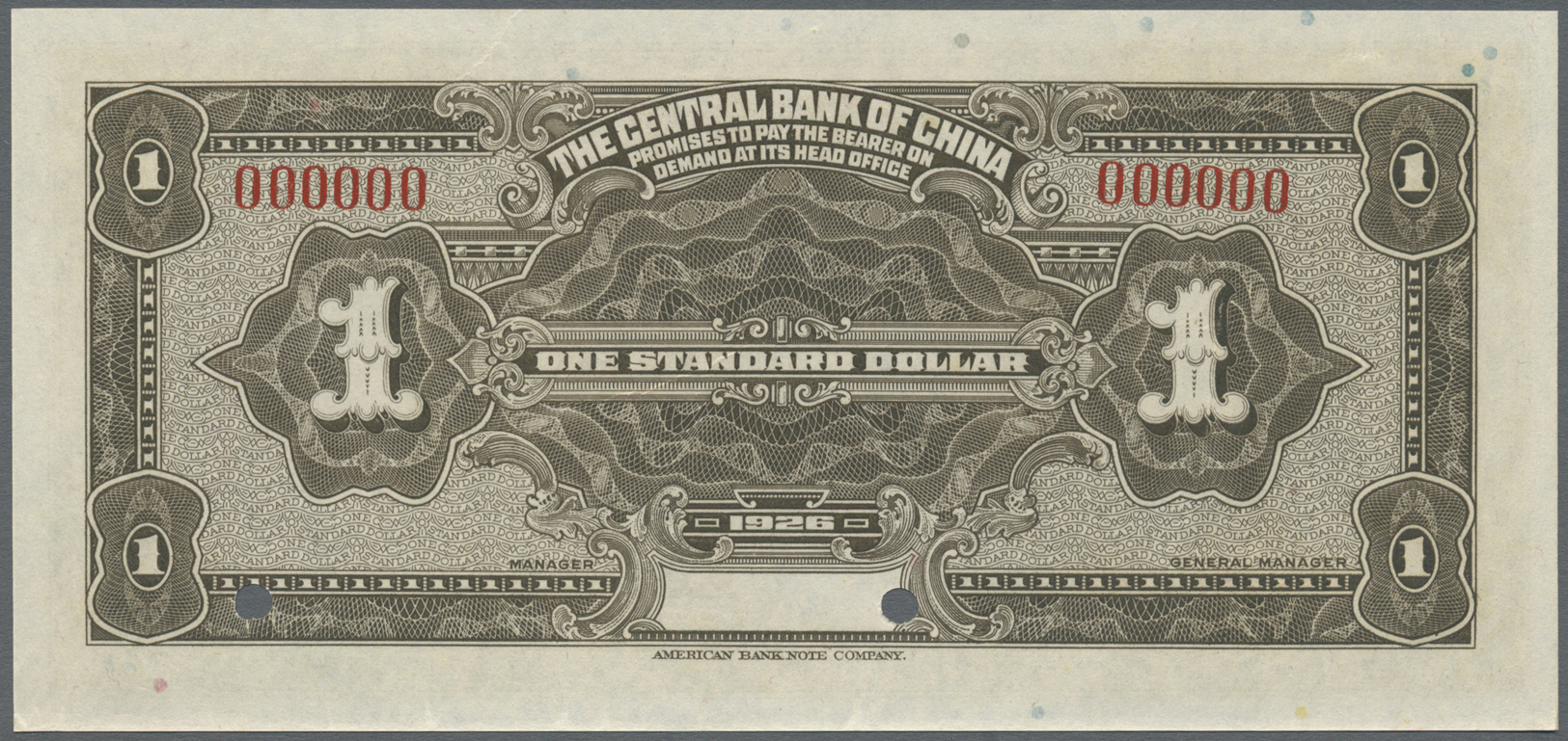 00549 China: The Central Bank Of China 1 Dollar 1926 Specimen P. 182 In Condition: UNC. - China