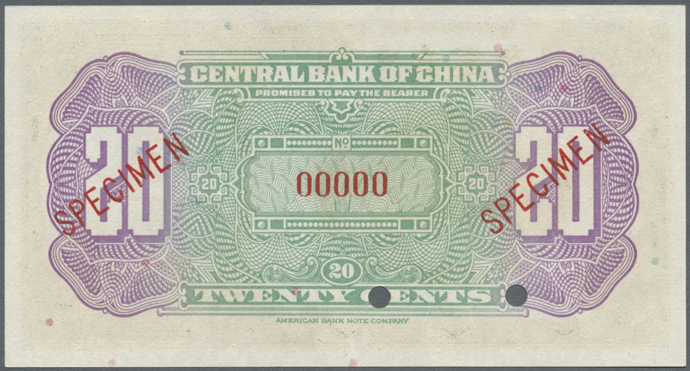 00551 China: Set Of 2 Notes Central Bank Of China Containing 10 And 20 Cents ND P. 193s, 194s Specimen, Both In Conditio - China