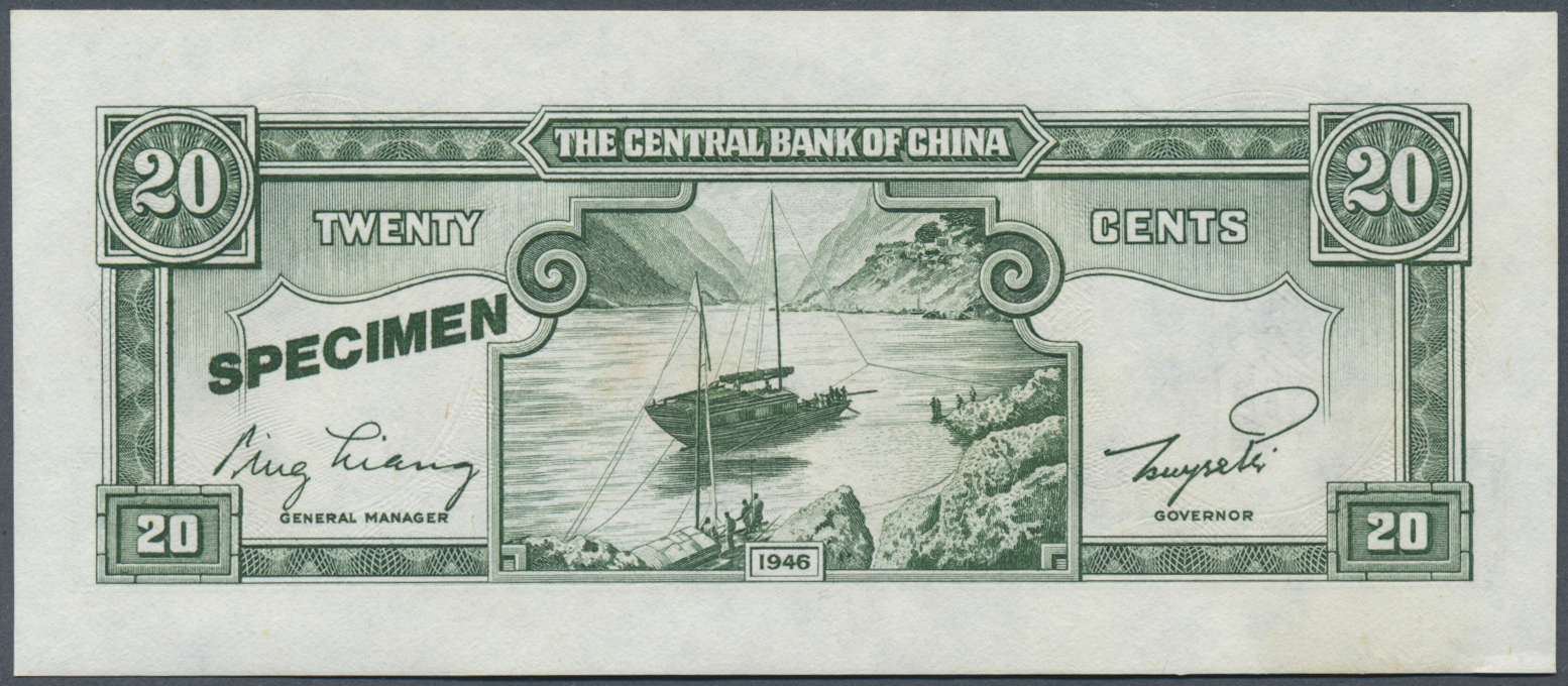 00553 China: 20 Cents Central Bank Of China 1946 Specimen P. 395As, Light Dint At Lower Left Corner, Condition: AUNC. - China