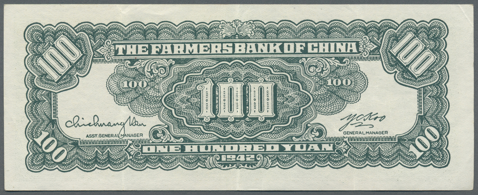 00554 China: 100 Yuan The Farmers Bank Of China 1942 P. 480, Vertically Folded But Still Crispness In Paper, Condition: - China