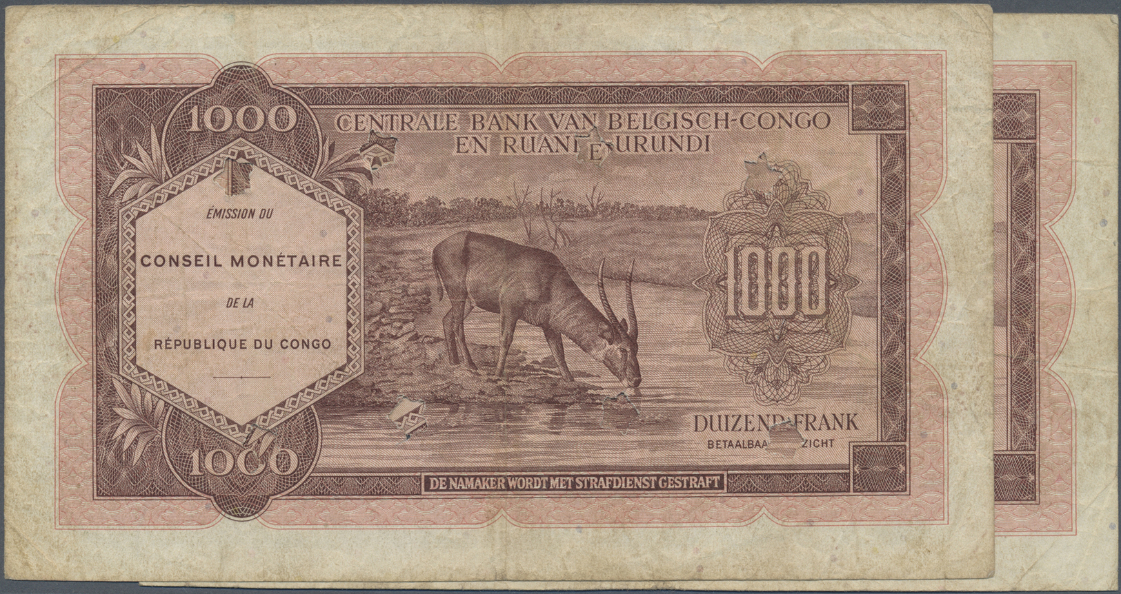 00579 Congo / Kongo: Set Of 2 Notes 1000 Francs 1962 P. 2, Bank Cancelled With "star" Cancellation Holes, Used With Fold - Unclassified