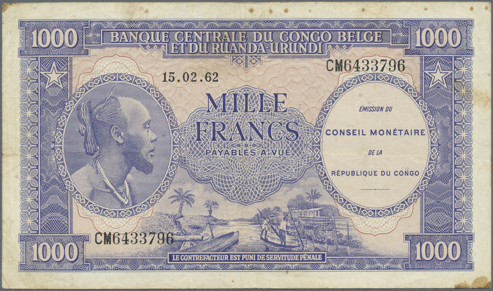 00580 Congo / Kongo: 1000 Francs 1962 P. 2, Used With Folds And Stain Dots In Paper, No Holes Or Tears, Not Washed Or Pr - Unclassified