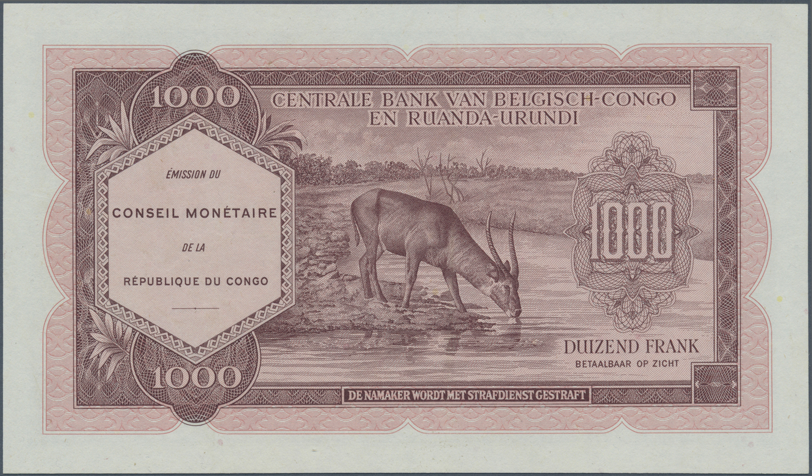 00581 Congo / Kongo: 1000 Francs 1962 P. 62a, PMG Graded: 50 About Uncirculated - Unclassified