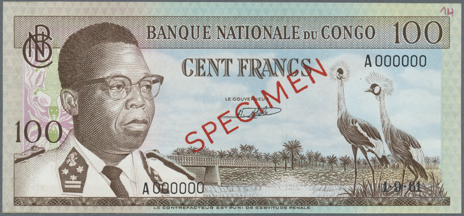 00586 Congo / Kongo: 100 Francs 1961 SPECIMEN, P.6as In Excellent Condition, Traces Of Glue At Right Border On Back And - Unclassified