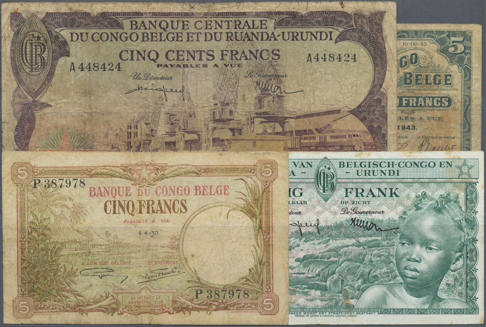 00587 Congo / Kongo: Set Of 4 Notes Containing 5 Francs 1943 (F), 20 Francs 1959 (VF-), 5 Francs 1930 (VG) And 500 Franc - Unclassified