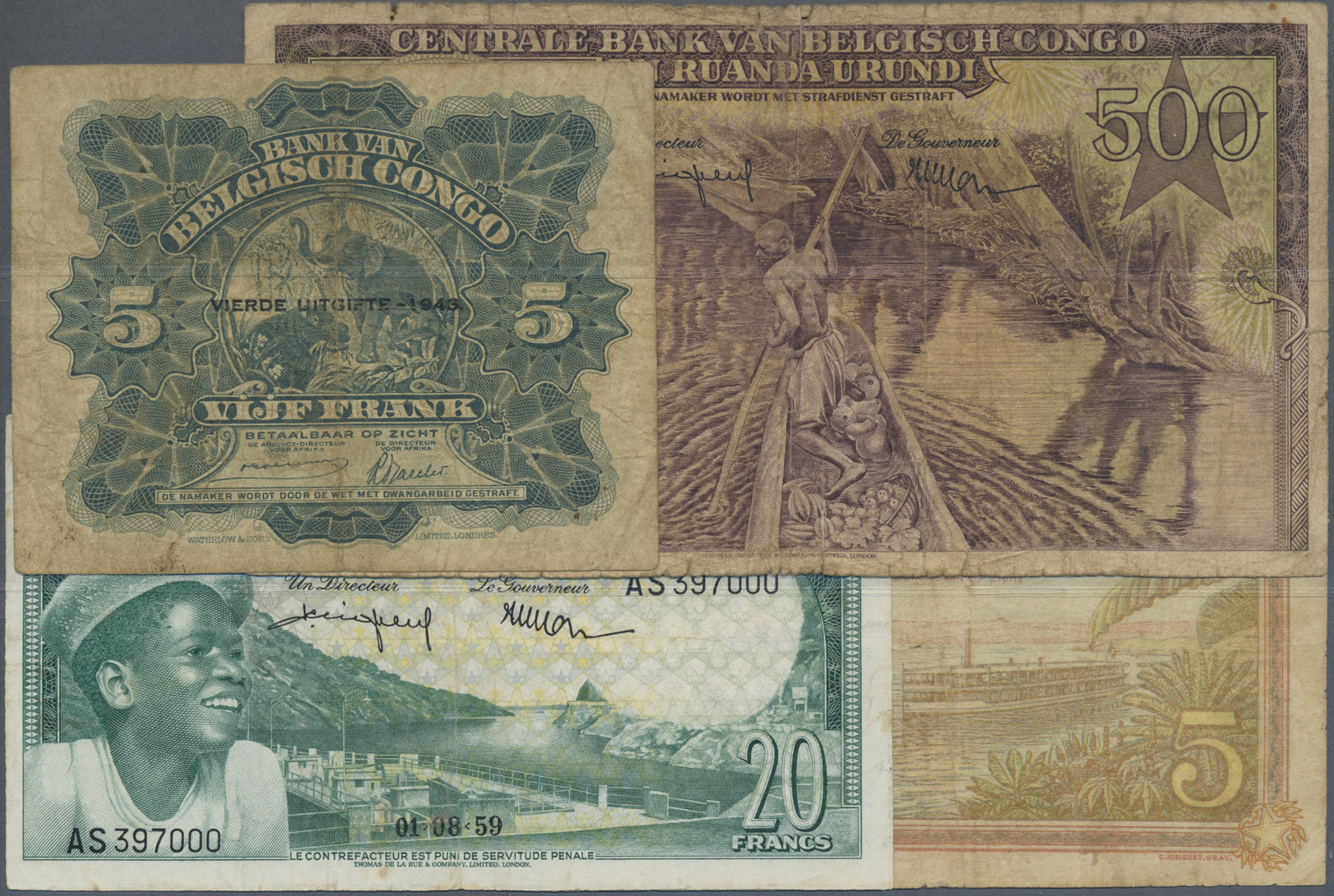 00587 Congo / Kongo: Set Of 4 Notes Containing 5 Francs 1943 (F), 20 Francs 1959 (VF-), 5 Francs 1930 (VG) And 500 Franc - Unclassified