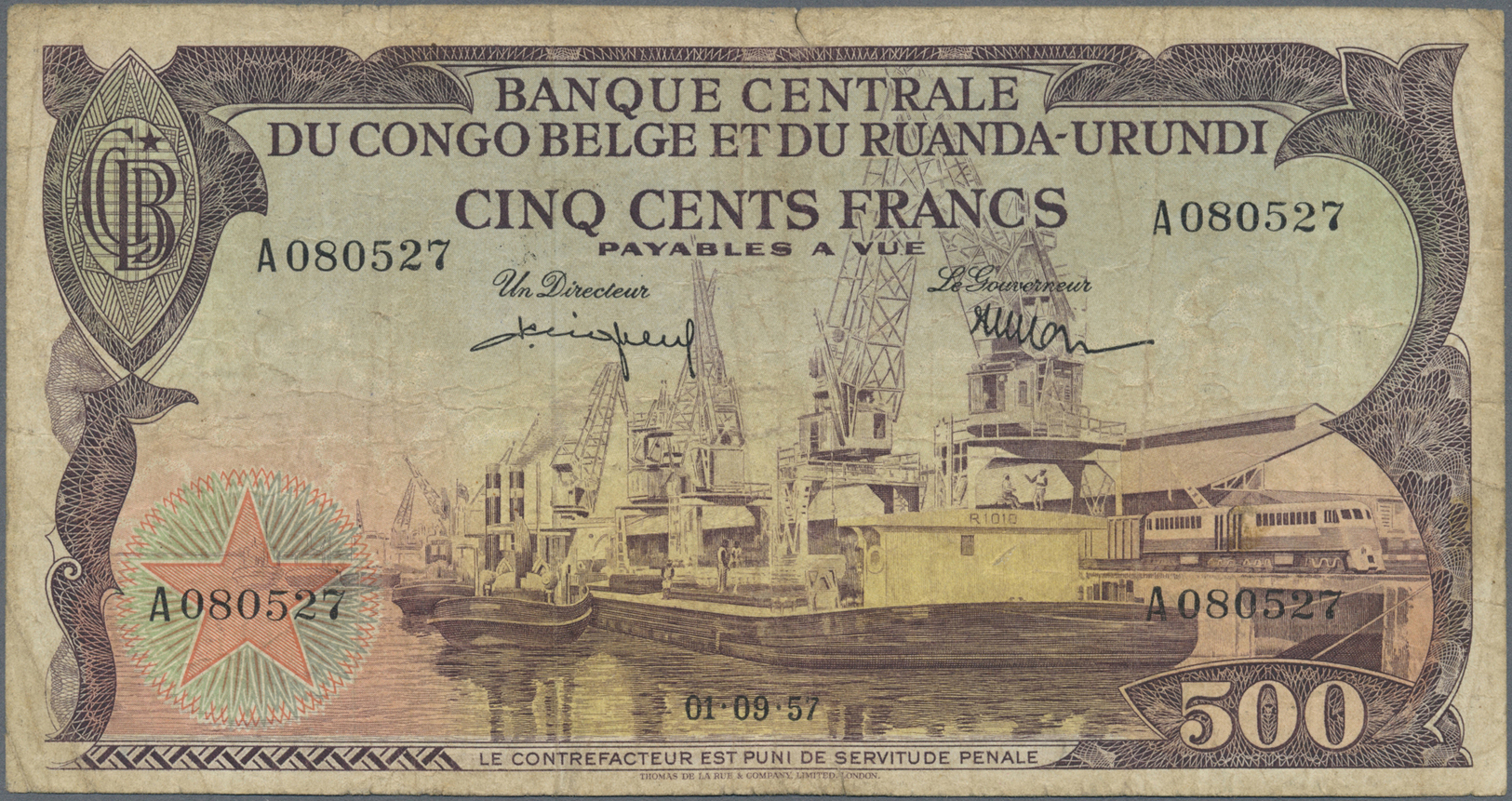 00588 Congo / Kongo: 500 Francs 1957 P. 34, Used With Several Folds And Creases, Stained Paper, Pinholes And Minor Borde - Unclassified