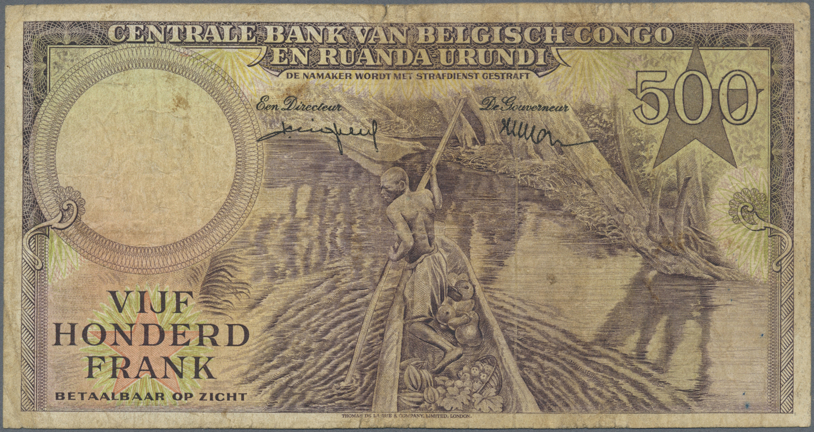 00588 Congo / Kongo: 500 Francs 1957 P. 34, Used With Several Folds And Creases, Stained Paper, Pinholes And Minor Borde - Unclassified