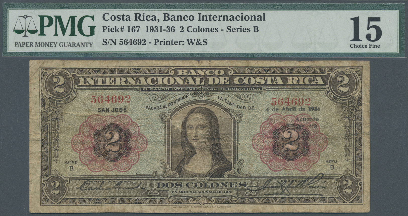 00590 Costa Rica: Banco Internacional De Costa Rica 2 Colones 1934, Series B, P.167 With Portrait Of The Mona Lisa, One - Costa Rica