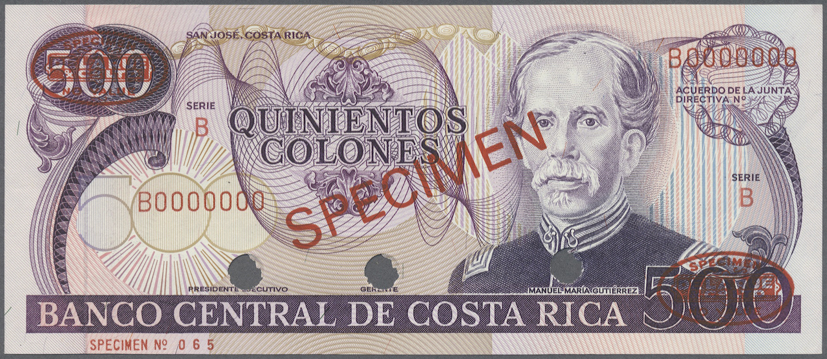 00599 Costa Rica: 500 Colones ND Specimen P. 249s With Red "Specimen" Overprint At Center, Zero Serial Numbers, Three Ca - Costa Rica