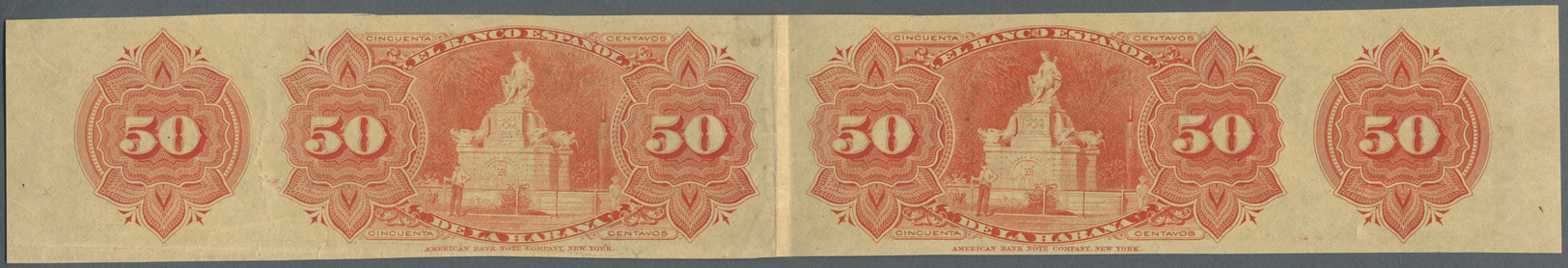 00604 Cuba: Uncut Horizontal Pair Of 2x 50 Centavos 1889 P. 33a With Counterfoil In Condition: XF+. - Cuba