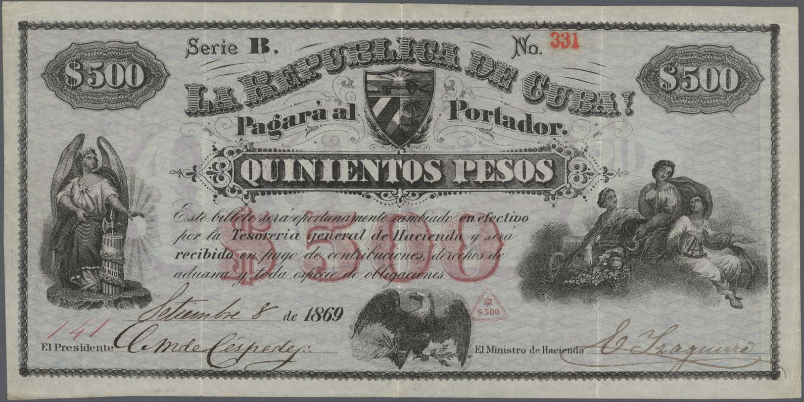 00605 Cuba: Rare 500 Pesos 1869 P. 59, Used With Folds, But No Holes Or Tears, No Repairs, Condition: VF To VF+. - Cuba