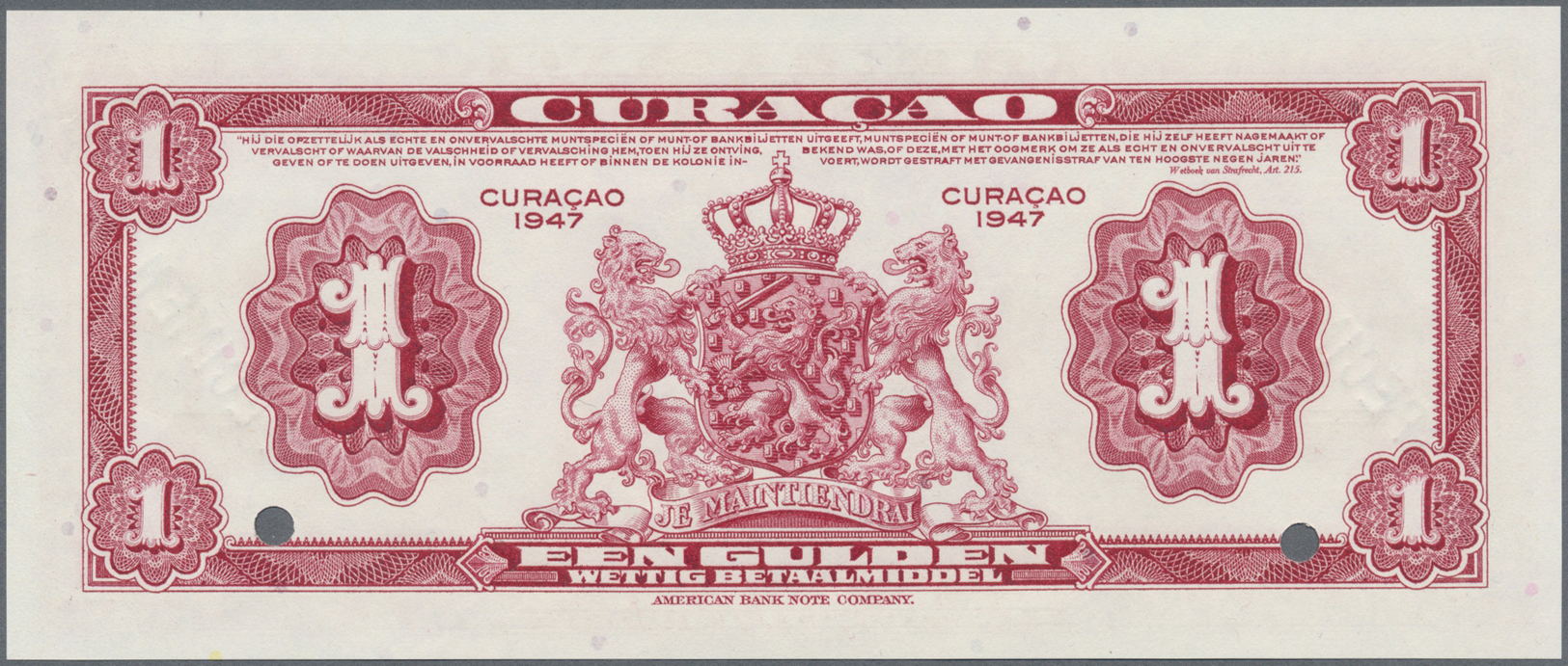 00607 Curacao: 1 Gulden 1947 SPECIMEN, P.35bs With Punch Hole Cancellation At Lower Margin, Specimen Overprint At Left A - Other - America