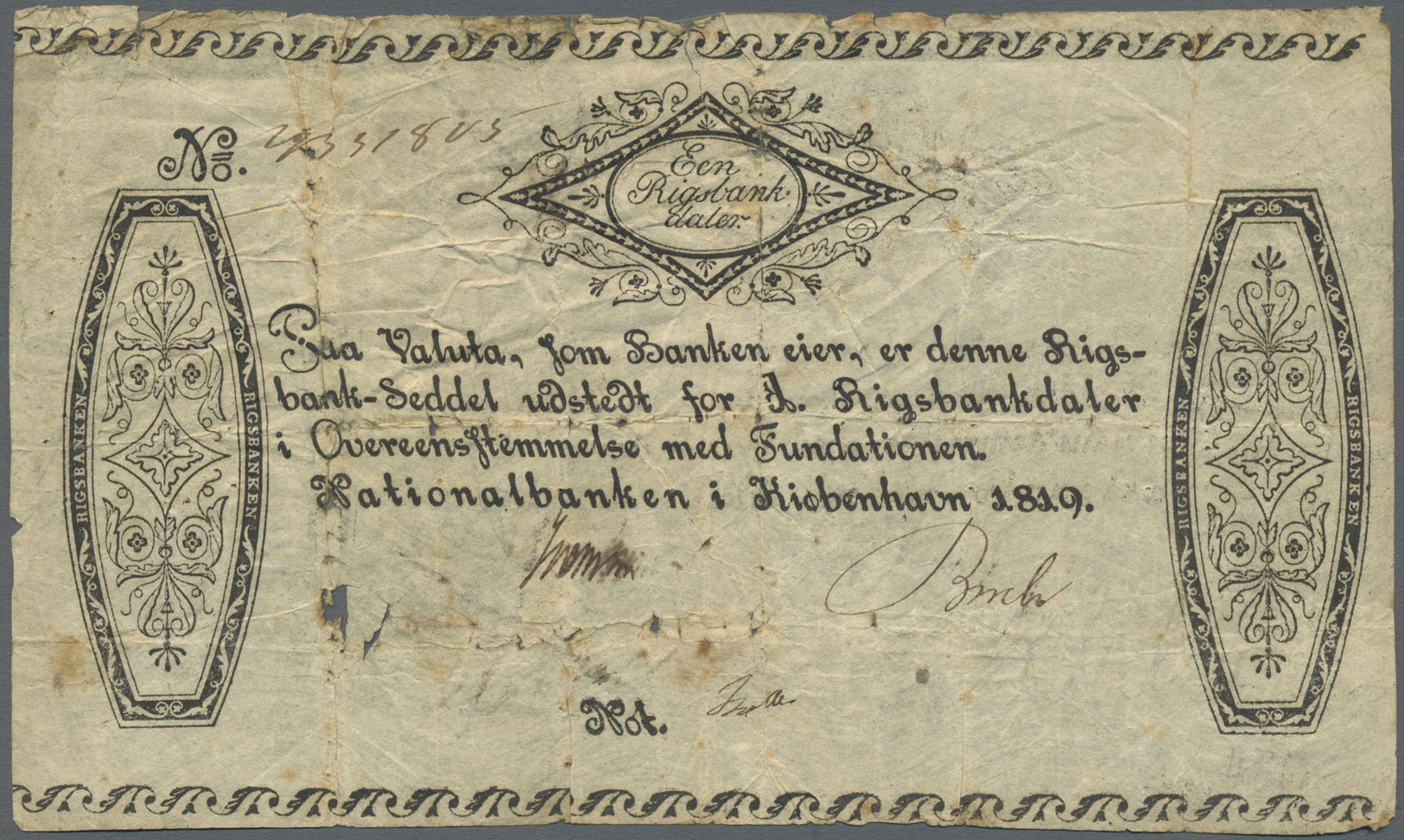 00638 Denmark  / Dänemark: 1 Rigsbankdaler 1819 Nationalbanken I Kiøbenhavn, P.A53, Very Rare Note In Well Worn Conditio - Denmark